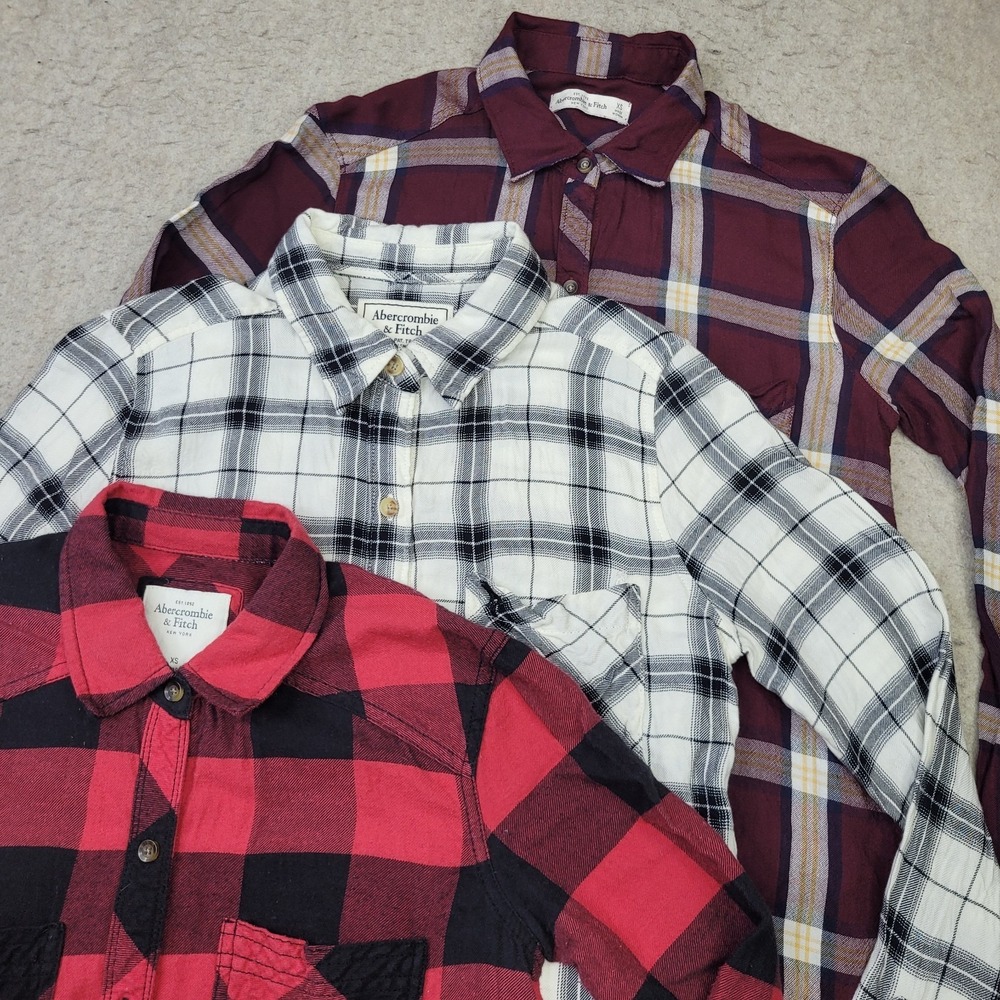 Lot of 3 Abercrombie Fitch Flannel‎ Shirts Womens XS Plaid Long Sleeve Button Up